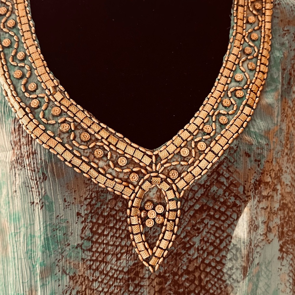 Aqua Blu Teal and Brown embellished neckline Sheer , 1X, bust 23" across NWT - Picture 2 of 9